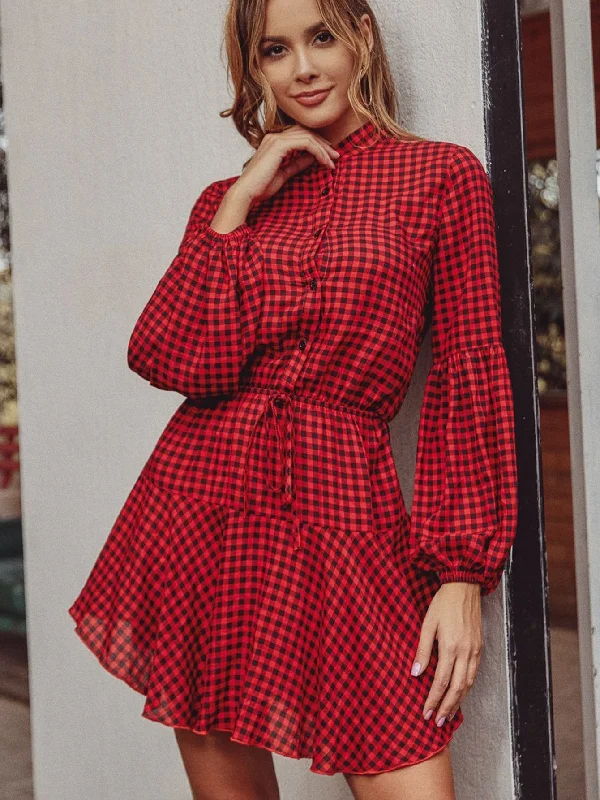 KittenAlarm - Checkerboard Plaid Stand Collar Dress