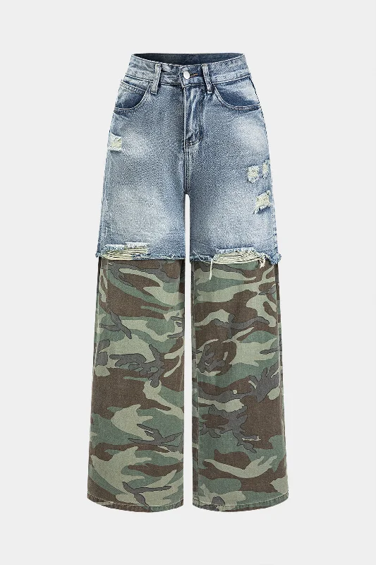 Camo Print Denim Patchwork Button Pocket Jeans