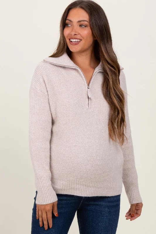 Beige Half Zip Maternity Pullover Sweater