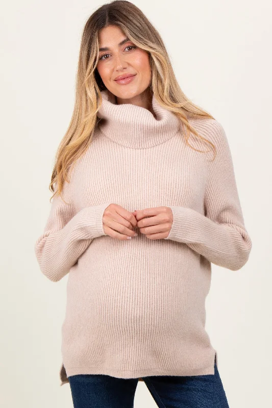 Beige Basic Ribbed Turtle Neck Maternity Sweater