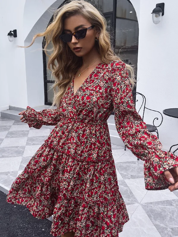 KittenAlarm - V-neck red floral mid-length casual long-sleeved dress