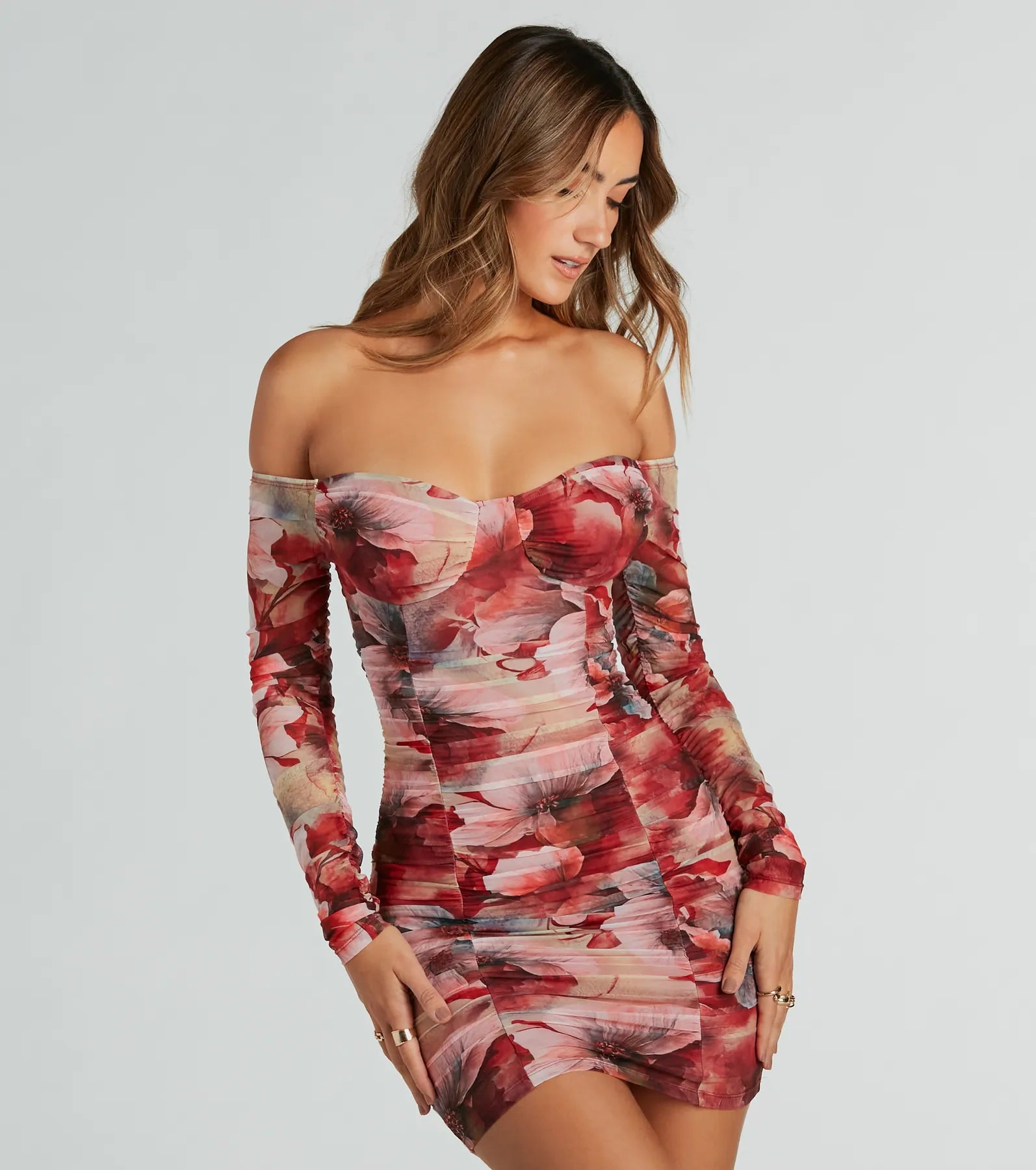 Bold Bloom Off-The-Shoulder Floral Mesh Mini Dress