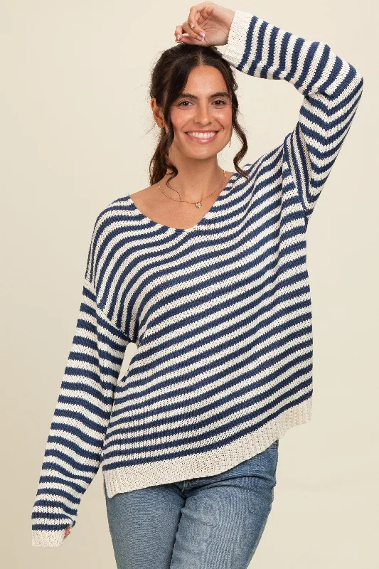 Navy Striped Relaxed Fit V-Neck Sweater