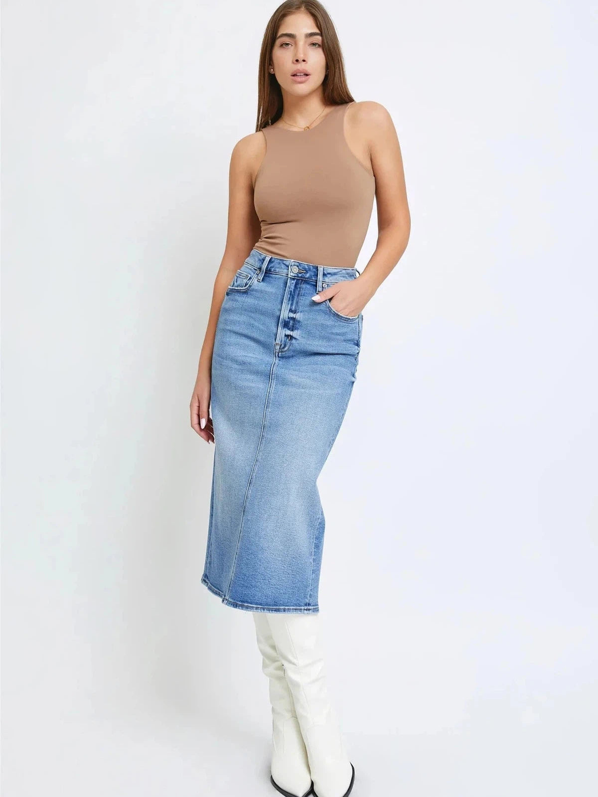 HIDDEN JEANS Peyton Denim Midi Pencil Skirt