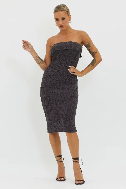 Lupita Foldover Ribbed Knit Midi Dress Charcoal