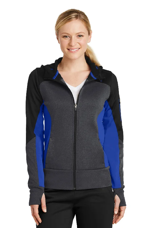 Sport-Tek Womens Moisture Wicking Full Zip Tech Fleece Hooded Jacket - Black/Heather Graphite Grey/True Royal Blue - Closeout