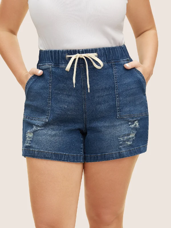 Dark Wash Drawstring Distressed Patch Pocket Denim Shorts