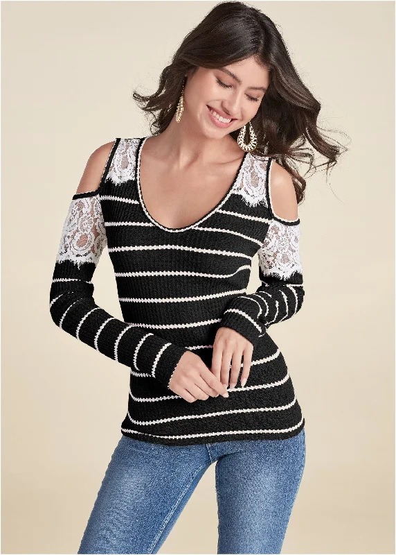 Waffle Knit Lace Top - Black & White