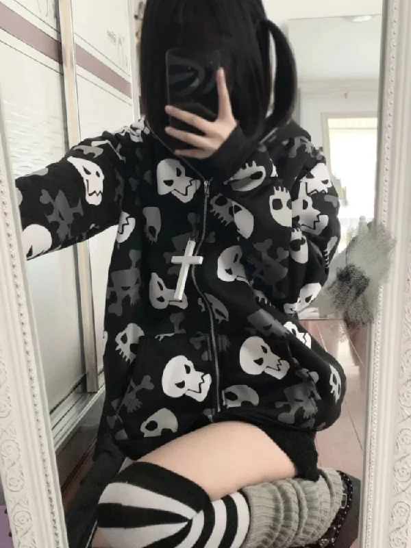 Cozy Skull Zip Up Oversized Hoodie