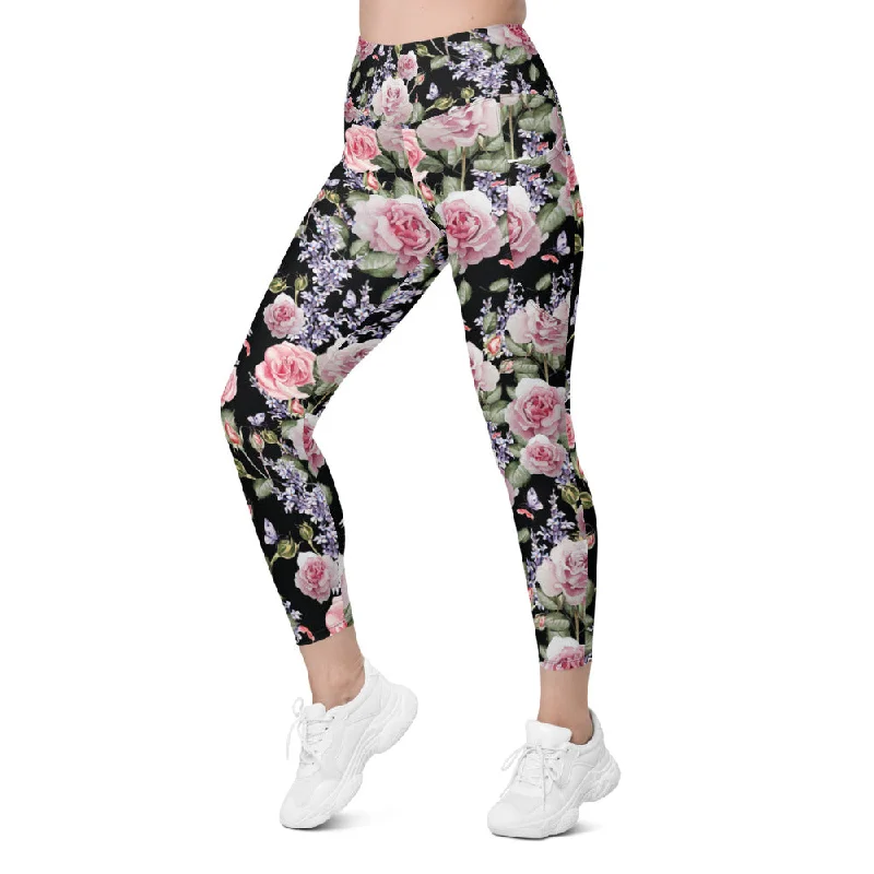 Watercolor Roses & Lavender Leggings with Pockets