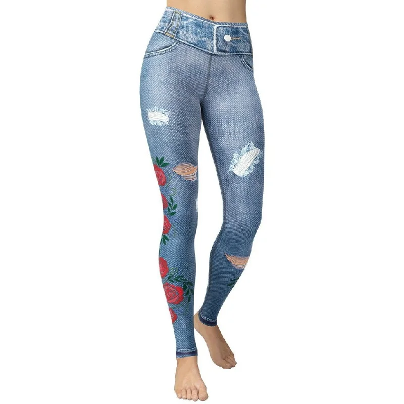 Floral Denim Print Yoga Leggings