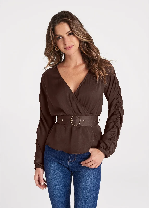 V-Neck Belted Top - Dark Brown