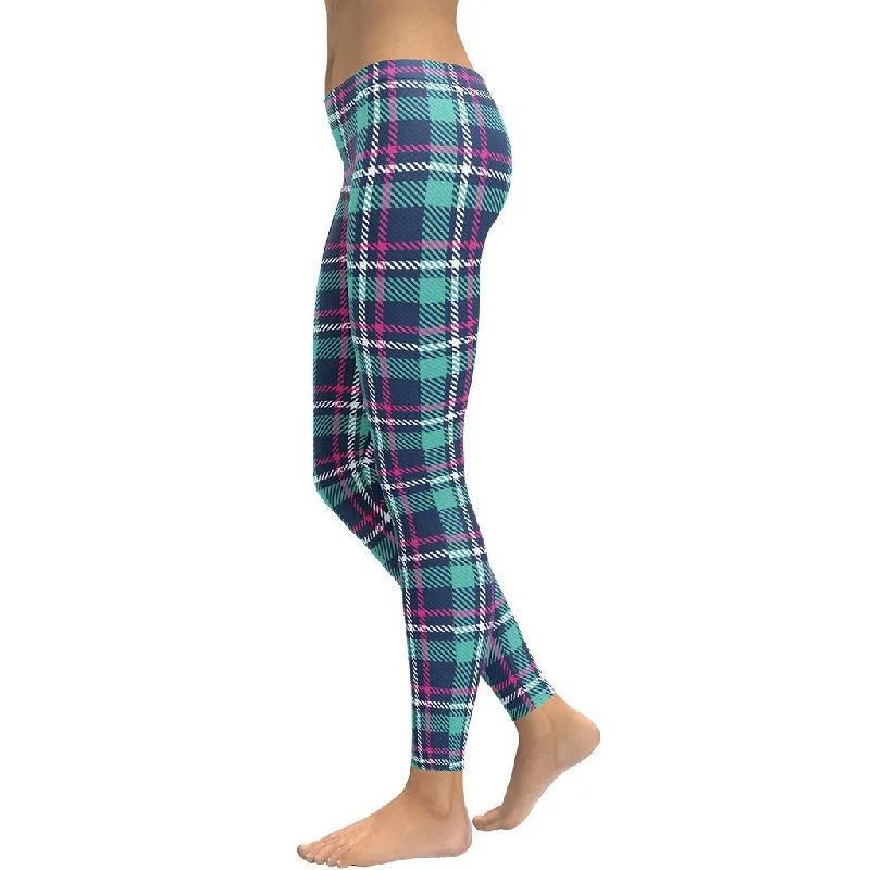 Pink & Turquoise Plaid Print Leggings