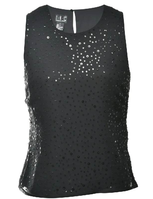 Silk Sequined Black Evening Top - S