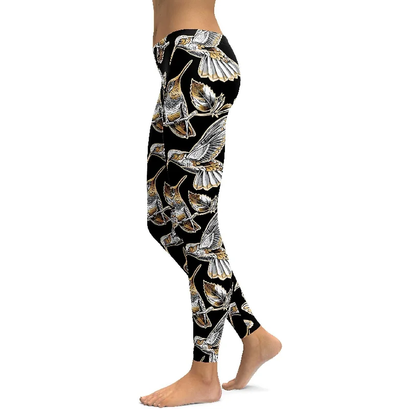 White&Gold Hummingbird Leggings