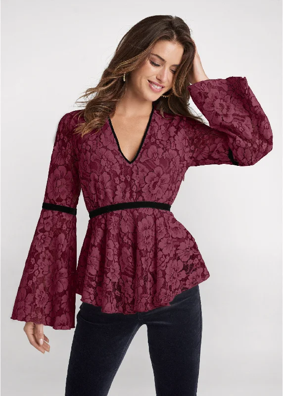 Lace Bell Sleeve Top - Wine Multi