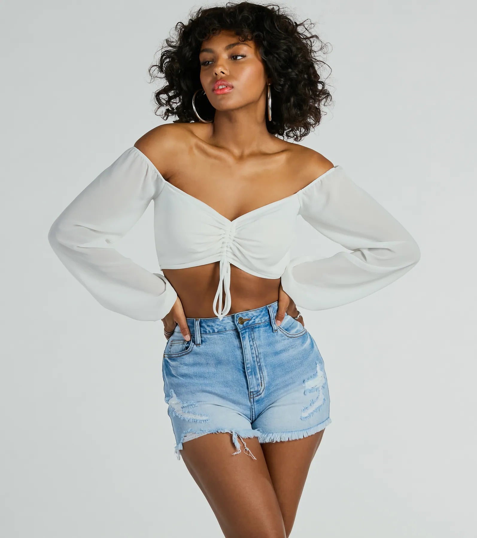 Sheer Fun Off-The-Shoulder Crop Chiffon Blouse