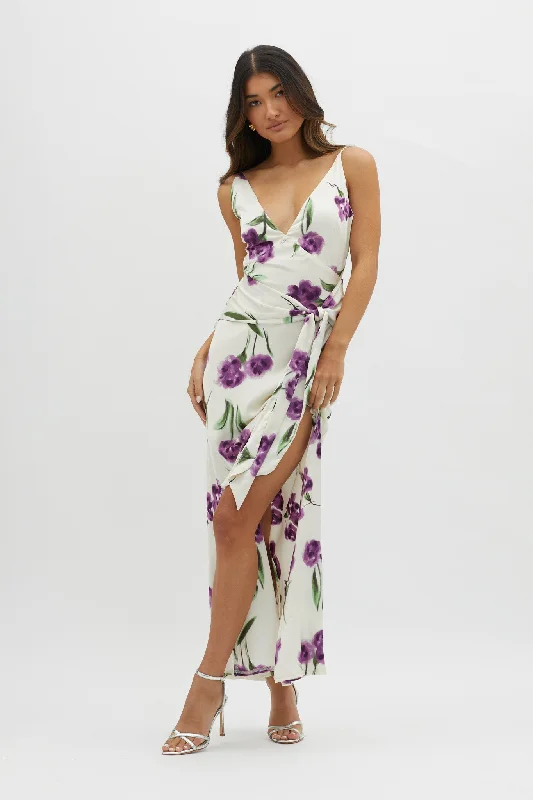 Corinna Tied Waist Split Dress Floral Purple