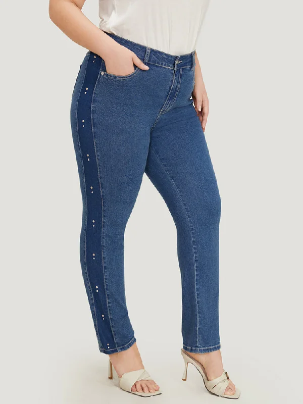 Pearl Beaded Patchwork Medium Wash Jeans