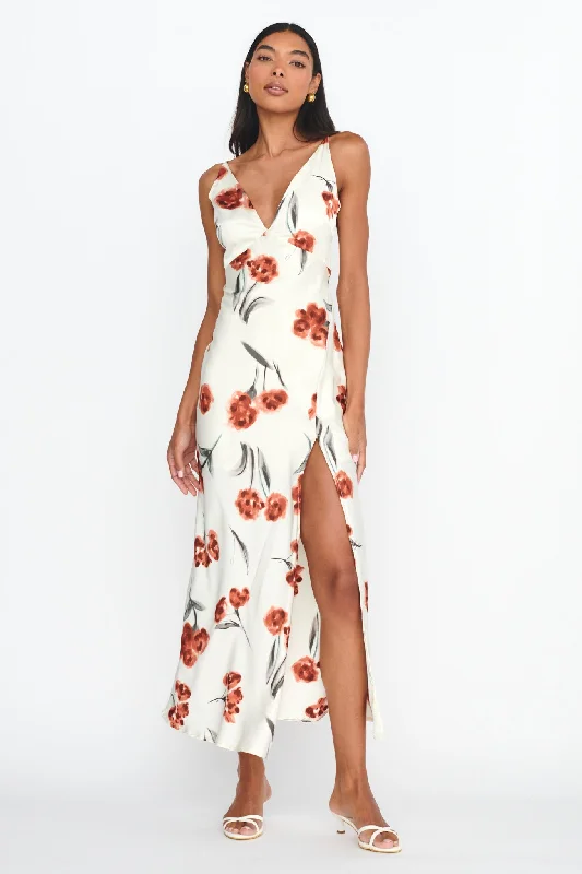 Corinna Tied Waist Split Dress Floral Poppy