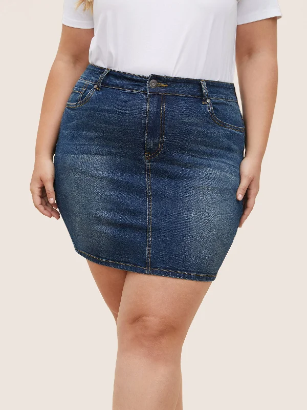 Vintage Dark Wash Button Up Bodycon Denim Skirt