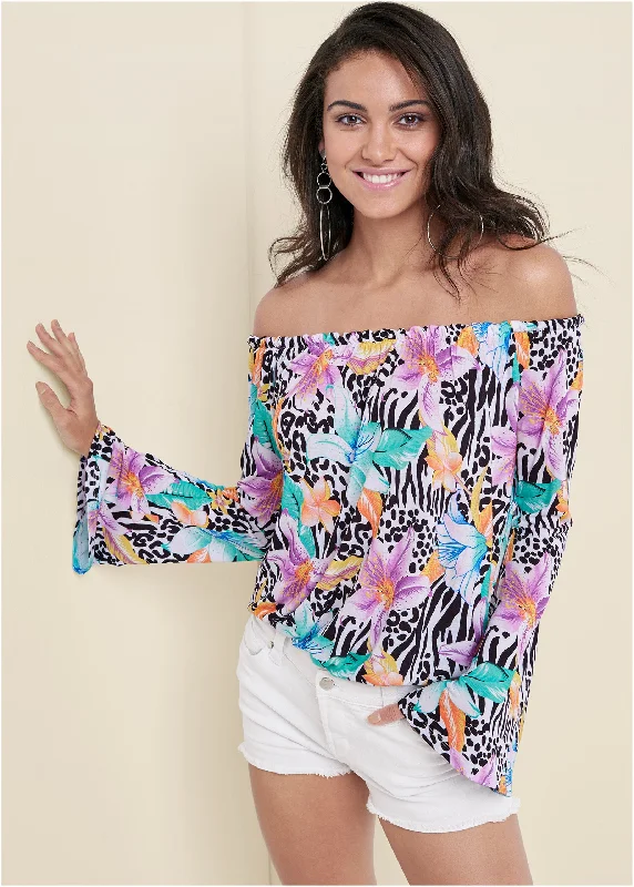 Flare Sleeve Printed Top - White Multi