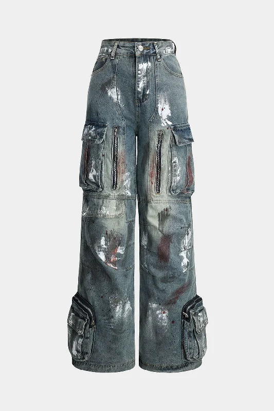 Graffiti Denim Washed Button Pocket Zipper Wide Leg Jeans