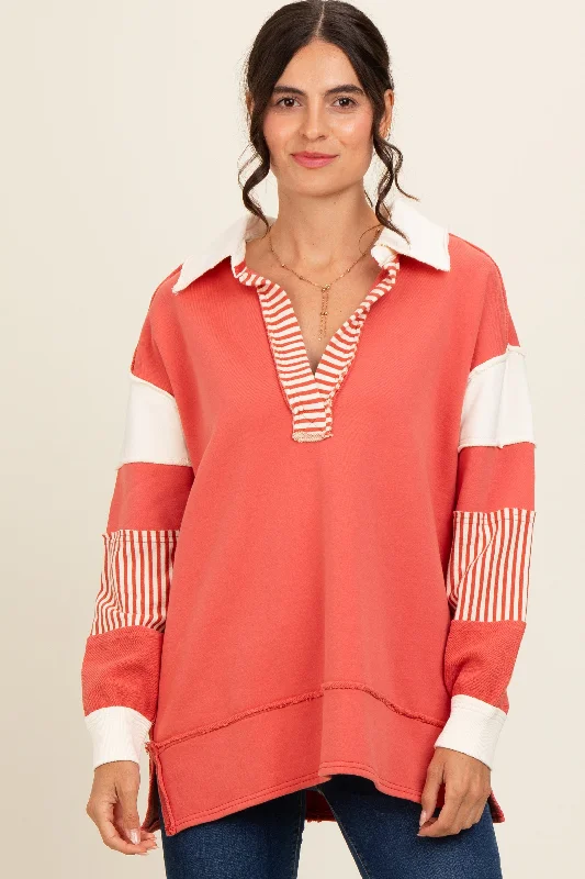 Rust Colorblock Stripe Polo Pullover Top